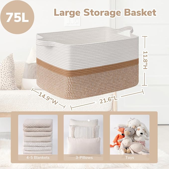 Goodpick Large Woven Blanket Basket 21.6" x 14.9" x 11.8" Storage Baskets for Organizing, Cotton Rope Basket for Home Decor Living Room Nursery, Toy Baskets Storage Kids, White & Camel Mix