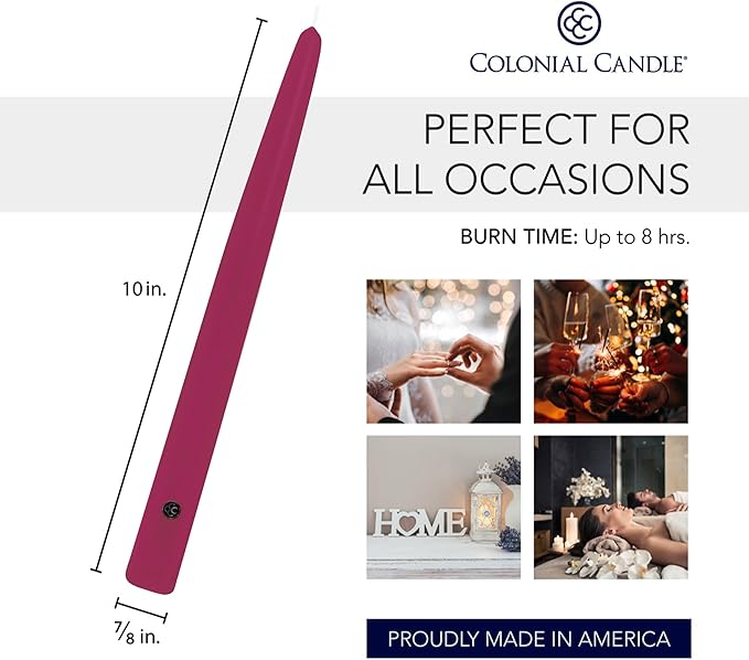 Colonial Candle Unscented Taper Candle, Handipt Collection, Mulberry, 10 in, Pack of 12 - Up to 8 Hours Burn