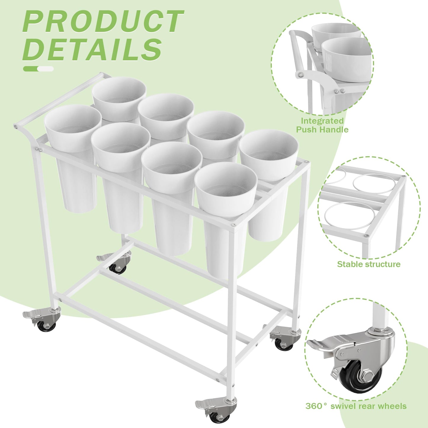 VGMiu Flower Display Stand with 8 Buckets,Flower Cart White Metal Flower Bar Stand with Wheels, Moving Florist Bouquet Shelf for Weddings Florist Indoor Outdoor Patio Garden Living Room