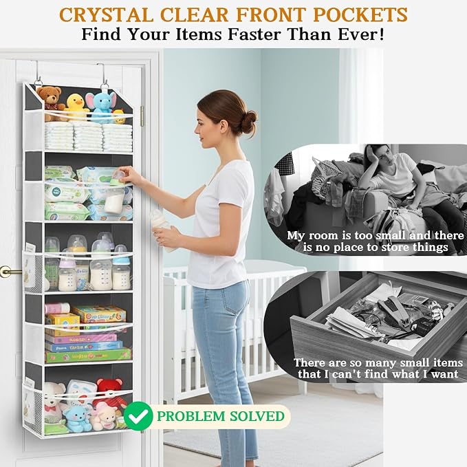 Ofiray-home 2 Pack Over Door Organizer with 5 Large Pockets, 5 Transparent Front Pockets & 10 Mesh Side, 50 lbs Weight Capacity Hanging Storage for Toys, Shoes, Diapers, Pantry
