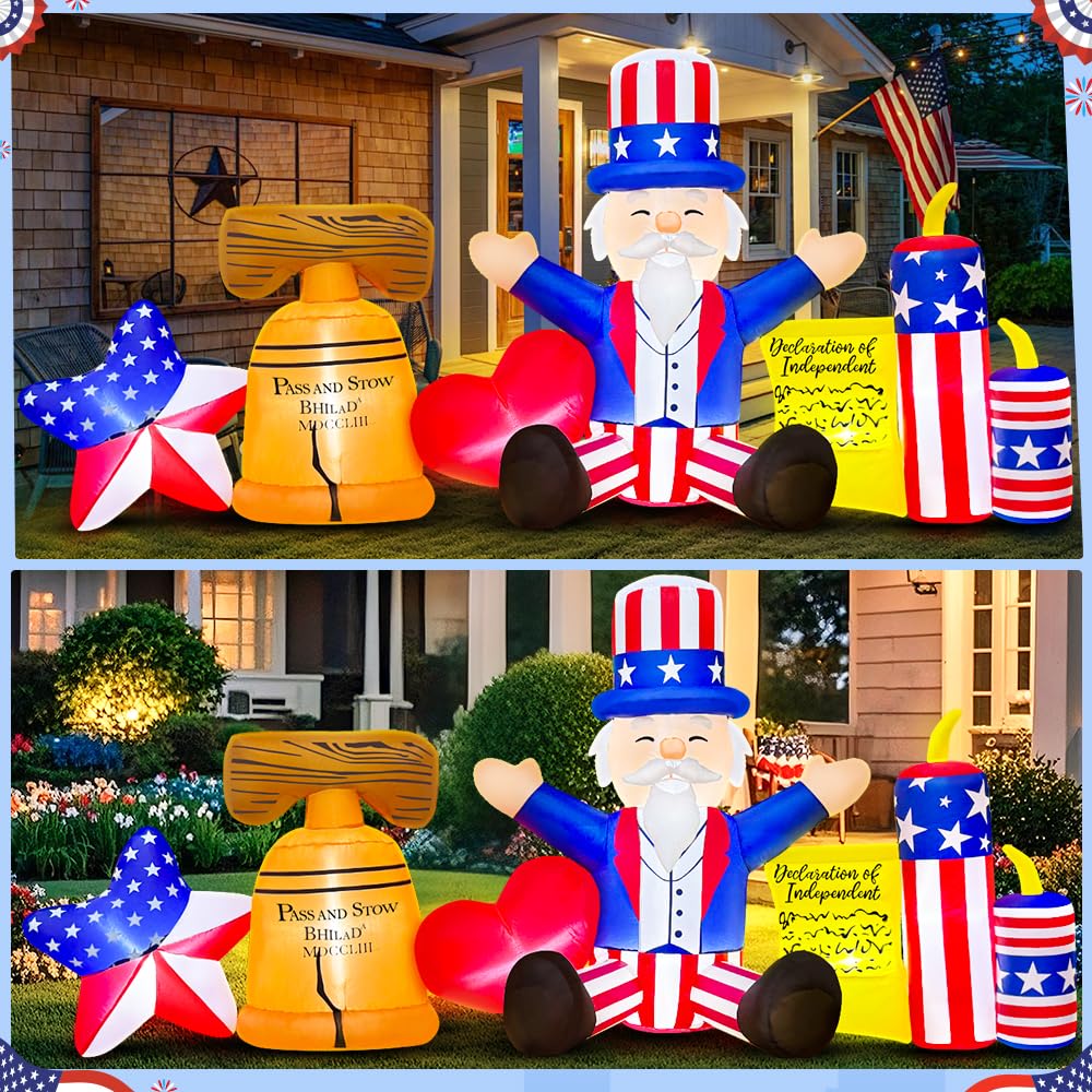 8FT Patriotic Independence Day 4th of July Inflatables Outdoor Decoration, Inflatable Uncle Sam Comboine, Built in LED Lights Blow up Fourth of July Decor for Holiday Party Garden Yard Lawn