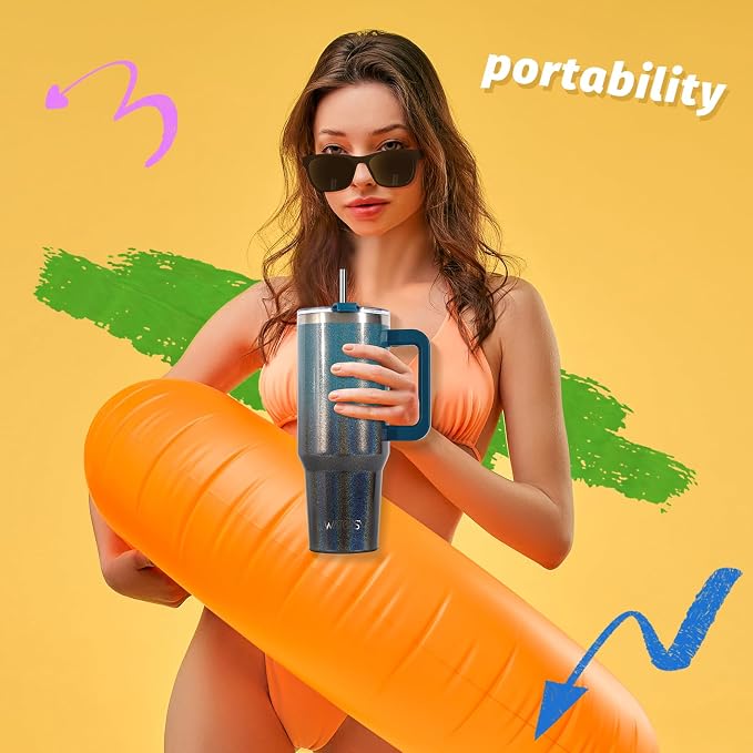 40 oz Shiny Tumbler with Handle and Straw,Stainless Steel Tumbler with Lid and Straw,Insulated Travel Mug(Cold for 34 Hours),Water Bottle for Iced Tea,Coffee (Black Blue)