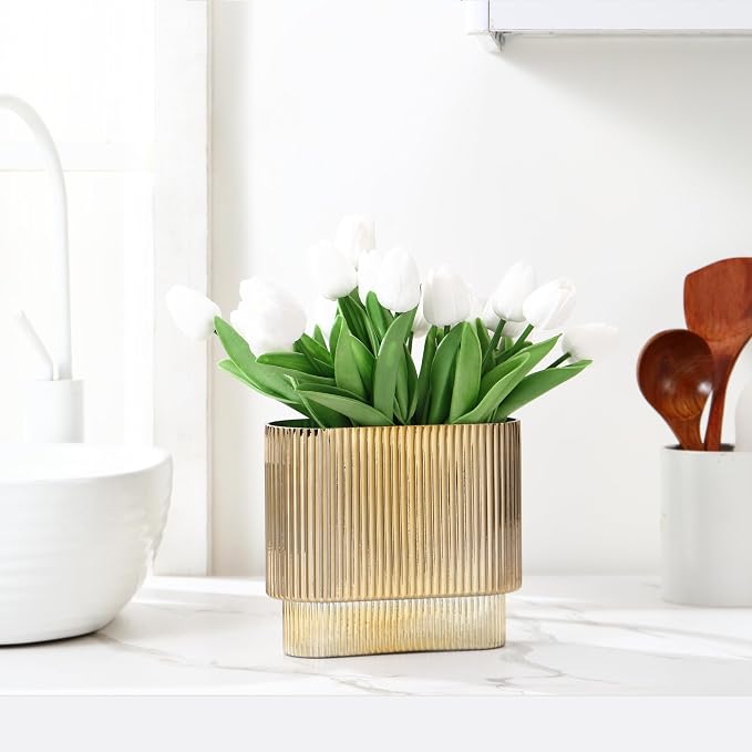 Ribbed Vase, Gold Glass Vase for Flowers, Gold Flower Vases for Tulips, Modern Vases for Living Room, Dining Table, Office, Bedroom, Mantle, Shelf, Wedding, 7 Inch