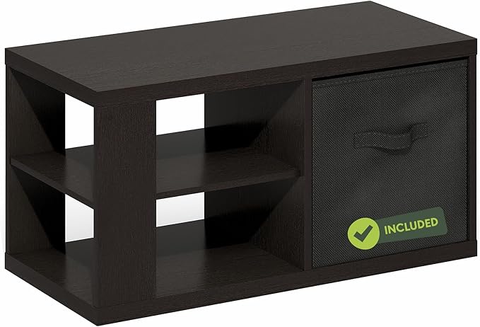 Furinno Viola Coffee Table, 3-Tier Modern Center Table with 1.2 Thick Tabletop, Side Table with Open Shelf and Storage Bin, for Living Room, Bedroom, Home Office, Black Dark Oak