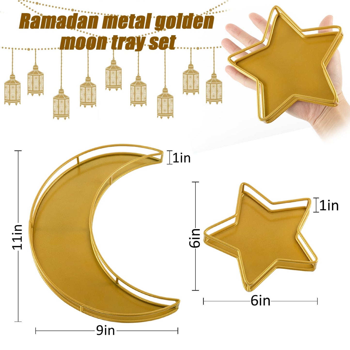 2PCS Ramadan Serving Trays Decorations for Home - Moon Star Shaped Eid Mubarak Table Decor Gifts, Islam Muslim Al-Fitr Iftar Party Crescent Iron Platters Dishes (Hollowed-Out)