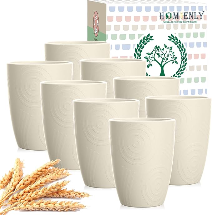 Homienly Wheat Straw Cup Unbreakable Water Cup | 16 OZ Reusable Water Drinking Glasses Sets of 8 | Lightweight Tumbler for Kitchen Outdoor | Dishwasher & Microwave Safe Kitchen Cup Set - Beige