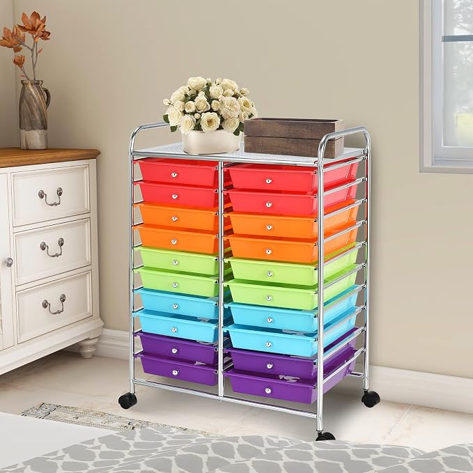 COSTWAY 20-Drawer Rolling Storage Cart, Utility Storage Organizer Cart for Tools, Scrapbook, Paper, Craft, Multipurpose Storage Trolley on Wheels for Home Office School (Multicolor)