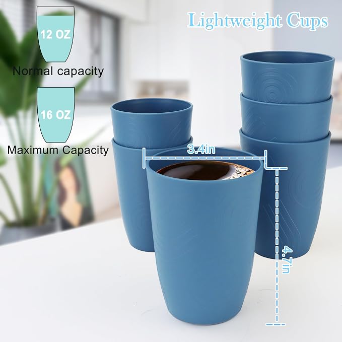 PYRMONT Wheat Straw Cups 16 Oz Alternative Plastic Cups Set of 6 Unbreakable Water Cups for Kitchen Dishwasher & Microwave Safe Drinking Cups for Camping,Office,RV Stackable Cups-Darkblue