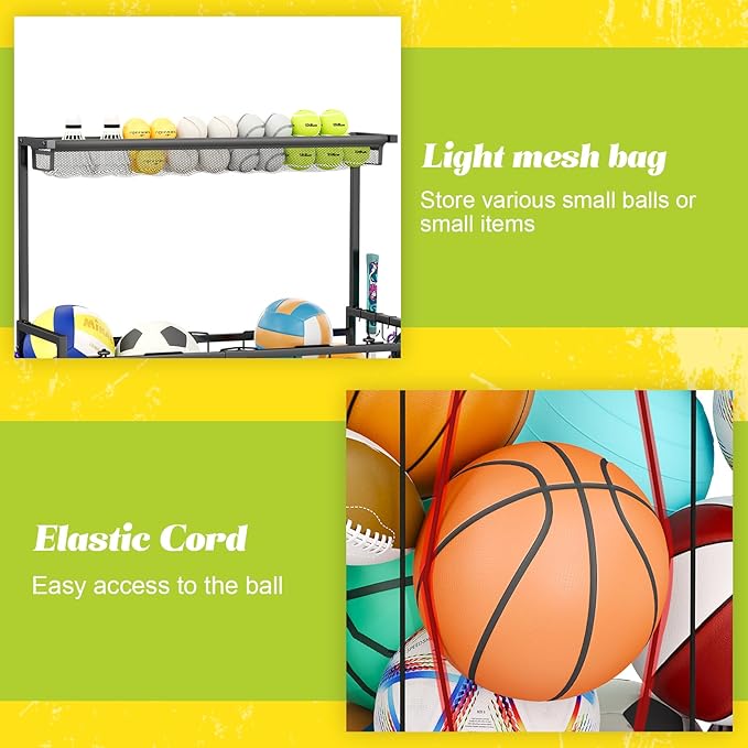 Large Sports Equipment Organizer, Garage Storage Ball Rack with Elastic Straps and 3 Hooks, Outdoor Toy Organizer Stand, Garage Organization Storage Rack for Basketball, Football, Soccer, Volleyball