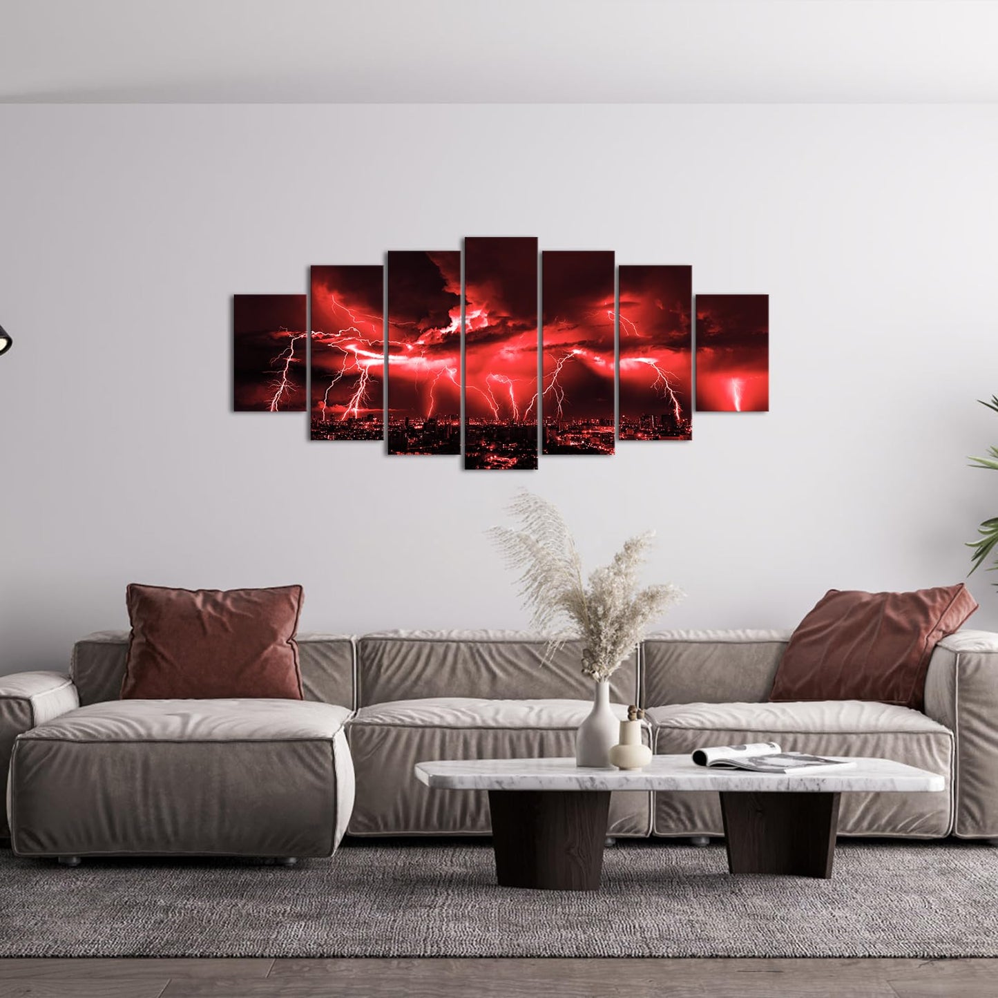 Biuteawal Large 7 Piece Black and Red Wall Art Lightning Strikes Cityscape Night Pictures Canvas Print Nature Storm City Skyline Painting Artwork for Home Living Room Decoration