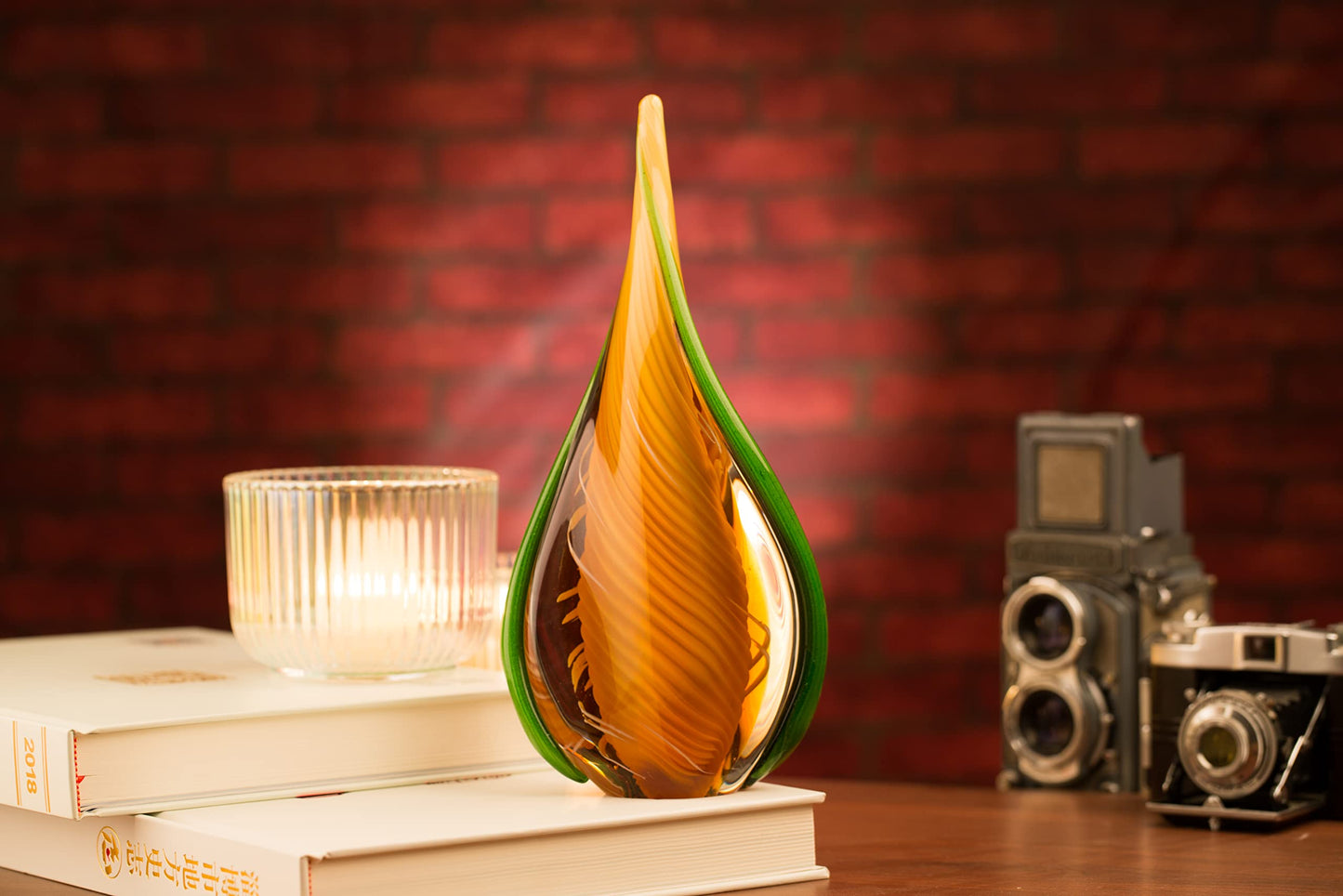 Yao Yuan Murano-Style Art Glass Sculpture, Handmade Blown Glass Statue, Yellow and Green Glass Craft Decoration