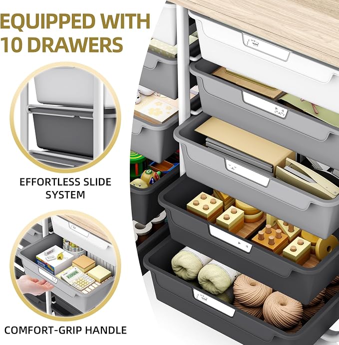 10 Drawers Rolling Cart with Wooden Tabletop, Utility Storage Cart with Wheels, Art Supply Craft Organizer on Wheel with Metal Frame & Handles for Home Office School,Grey