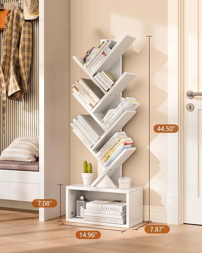 Evermagin 6 Tier Tree Bookshelf with Lights, LED Book Tree Bookcase with Storage Organizer, Small Corner Bookshelf Floor Standing Book Shelf for Living Room, Bedroom & Home Office, White