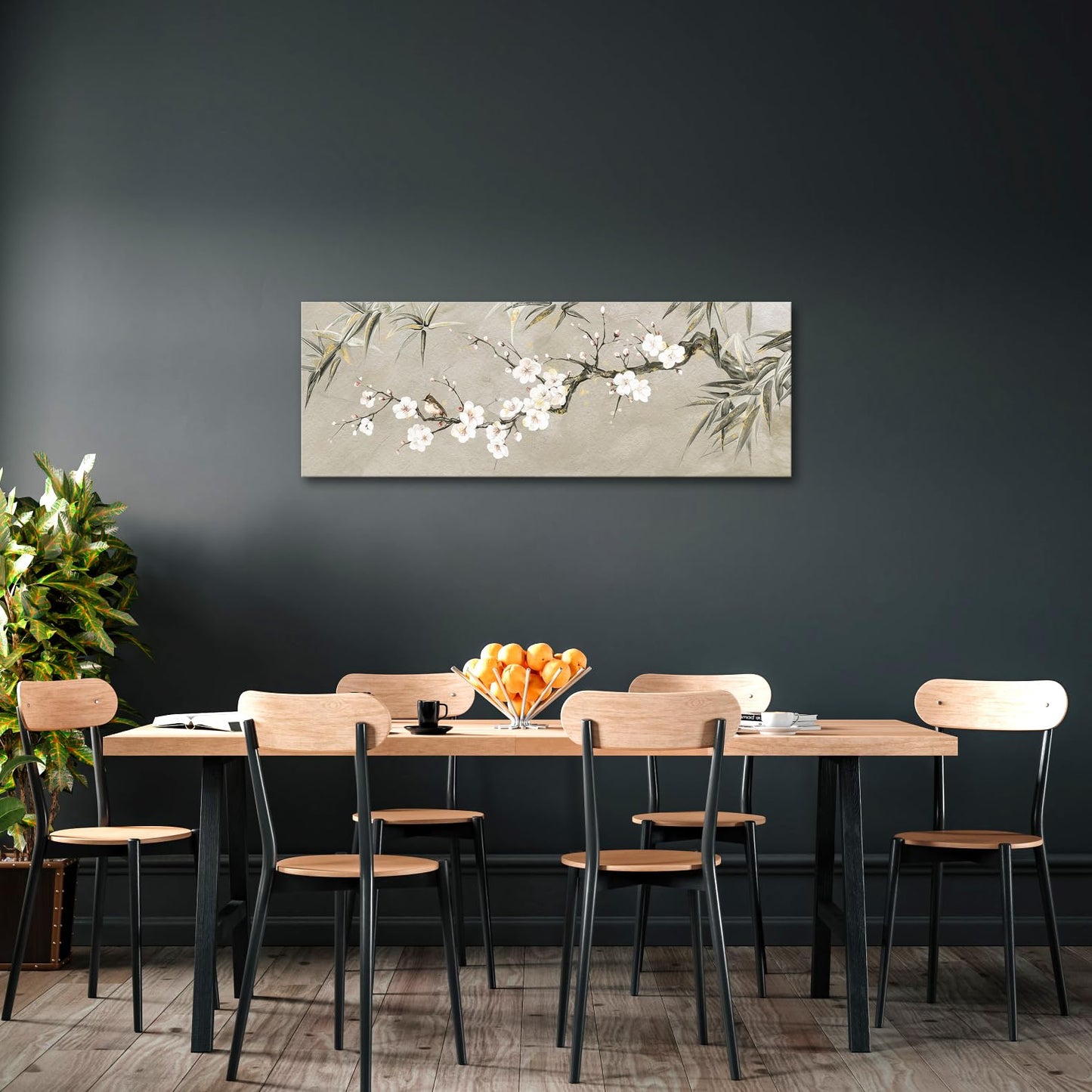 KREATIVE ARTS Large Bamboo Plum Blossoms Chinese Traditional Wall Art Canvas Painting with Birds, Black Grey Gold Print, Modern Home Living Room Decoration, 20x55 Inches