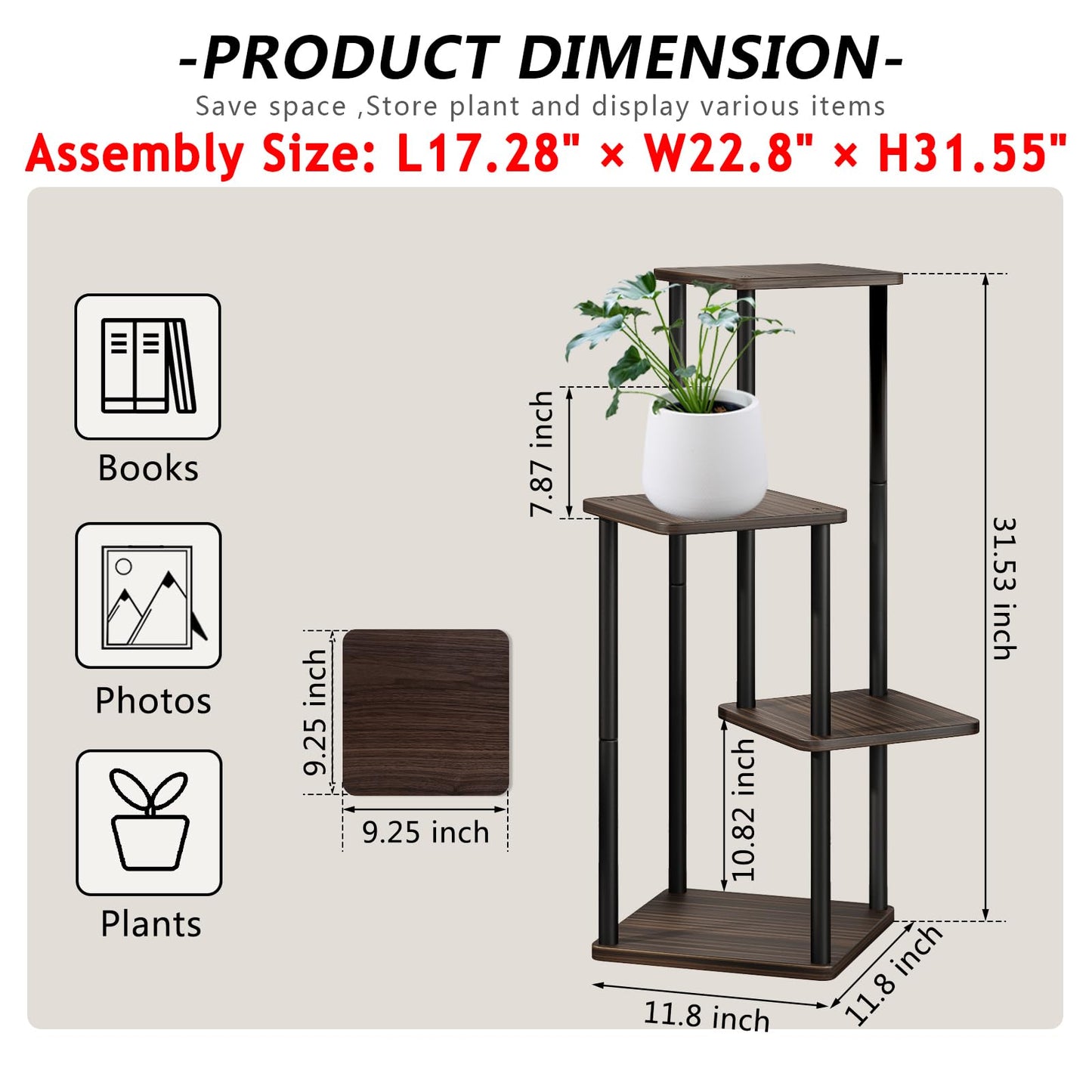 AZERPIAN Plant Stand 4 Tier Indoor Metal Flower Shelf for Multiple Plants Corner Tall Flower Holders for Patio Garden Living Room Balcony Bedroom, Black oak