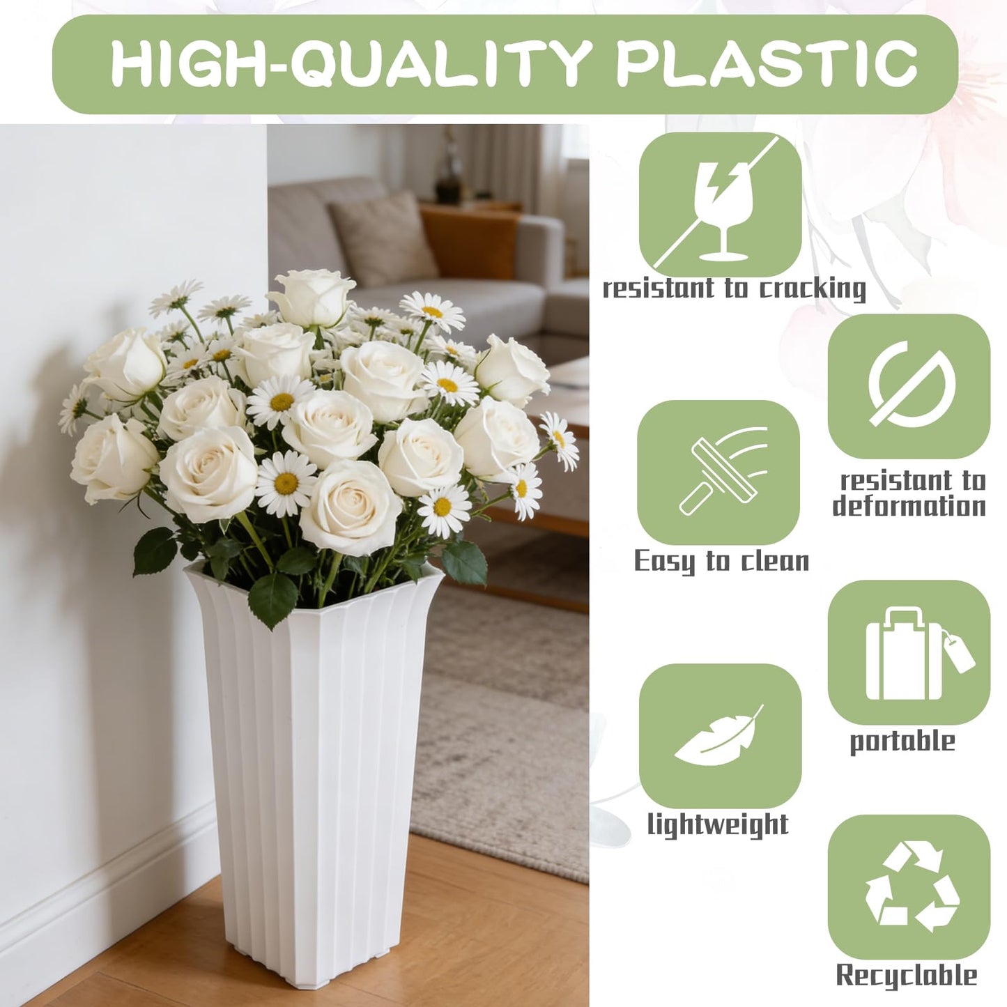 6 Pack Flower Buckets for Cut Flowers 11.8 Inch Plastic Floral Buckets Modern Square Vases for Centerpieces Floral Display Decorative Buckets Table Home Bridal Shower Wedding Festival Decorations
