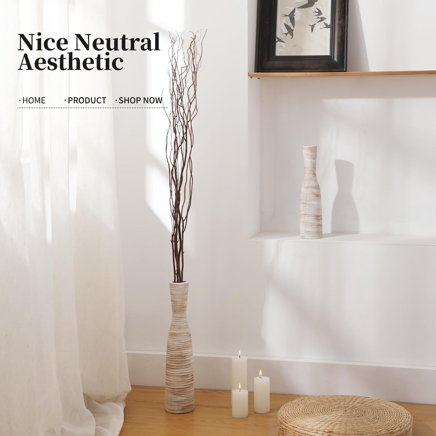 ALMA 16" Tall Floor Vase for Pampas Grass,White Brown Ceramic Centerpiece for Dresser, Skinny Pampas Grass Vessel for Floor, Entryway Table, Fireplace Decor