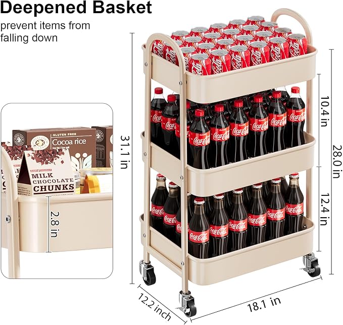 Beige 3 Tier Rolling Cart Metal on Wheels, Three Tiered Storage Organizer Utility Trolley with Wheels for Art, Craft, Baby Diaper Caddy, Snack, Book, Nail, Lash, Cleaning Supplies, Kitchen, Bathroom