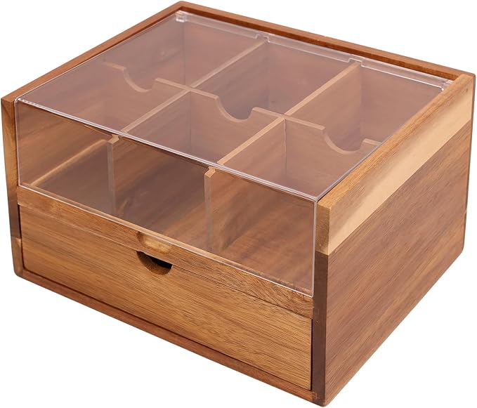 HTB Large Tea Organizer 2 Tier with Drawer, Tea Bag Organizer with Acrylic Transparent Hinged Lid, 9 Compartments Wooden Tea Bag Holder for Home, Office, Tea Parties