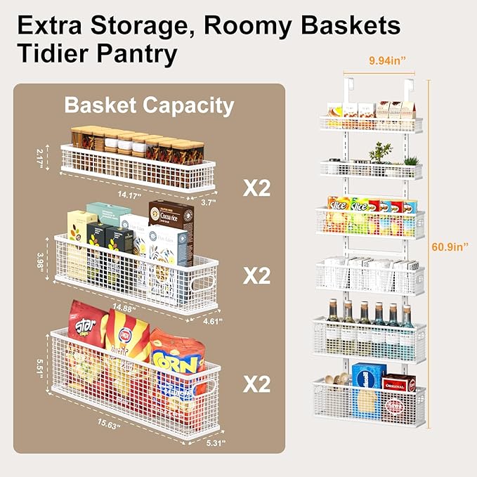 6-Tier Over The Door Pantry Organizer,Hanging Spice Rack,Grid Basket,White | Height Adjustable,Easy Grip Handle,Large Capacity,For Pantry Door,Laundry Room,Bathroom,Kitchen,D5.3xW15.7xH60.9in
