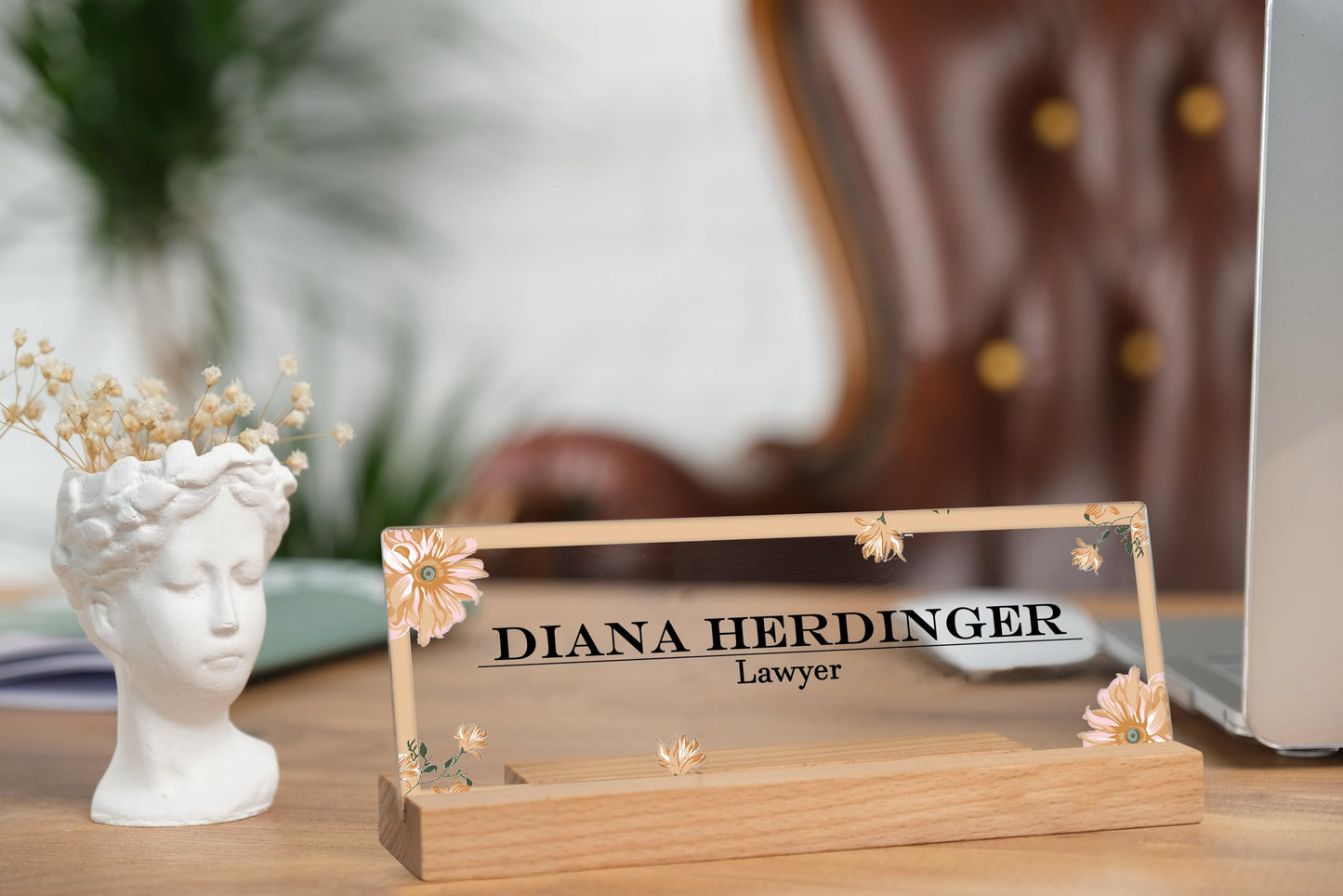 Personalized Desk Nameplate, Custom Acrylic Office Sign for Him Boss, Professional Name Plate for Coworkers, Custom Gift Idea for Office, New Job Gift, Coworker Gift, Phd Gift (Flower Design-1)