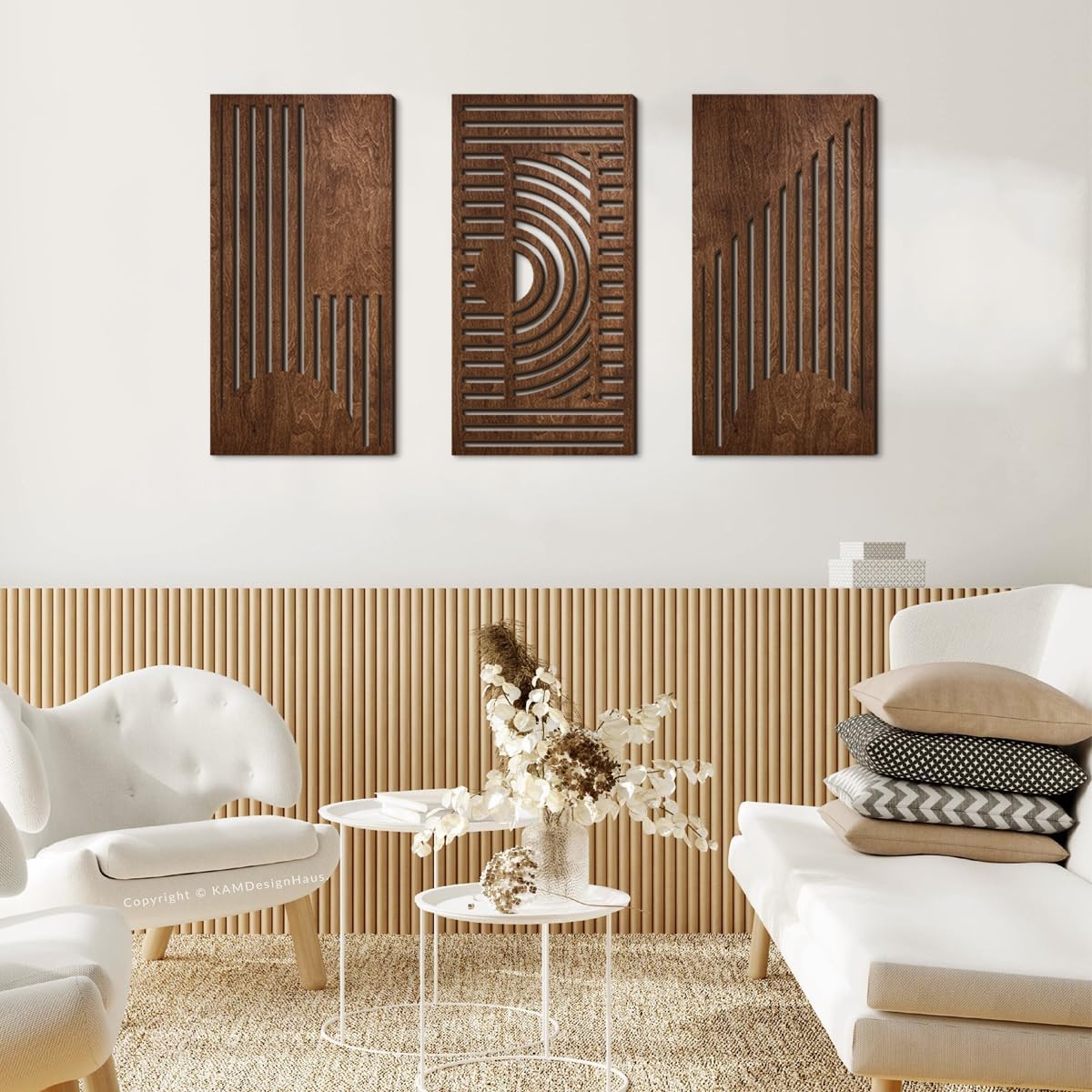 3 Pcs Geometric Wood Wall Art Decor, Wooden Minimalist Wall Hanging Decor, 3D Hollow Carved Craft Art Set, Boho Abstract Wall Sculptures Panels Decoration for Home Living Room Bedroom Kitchen (B)