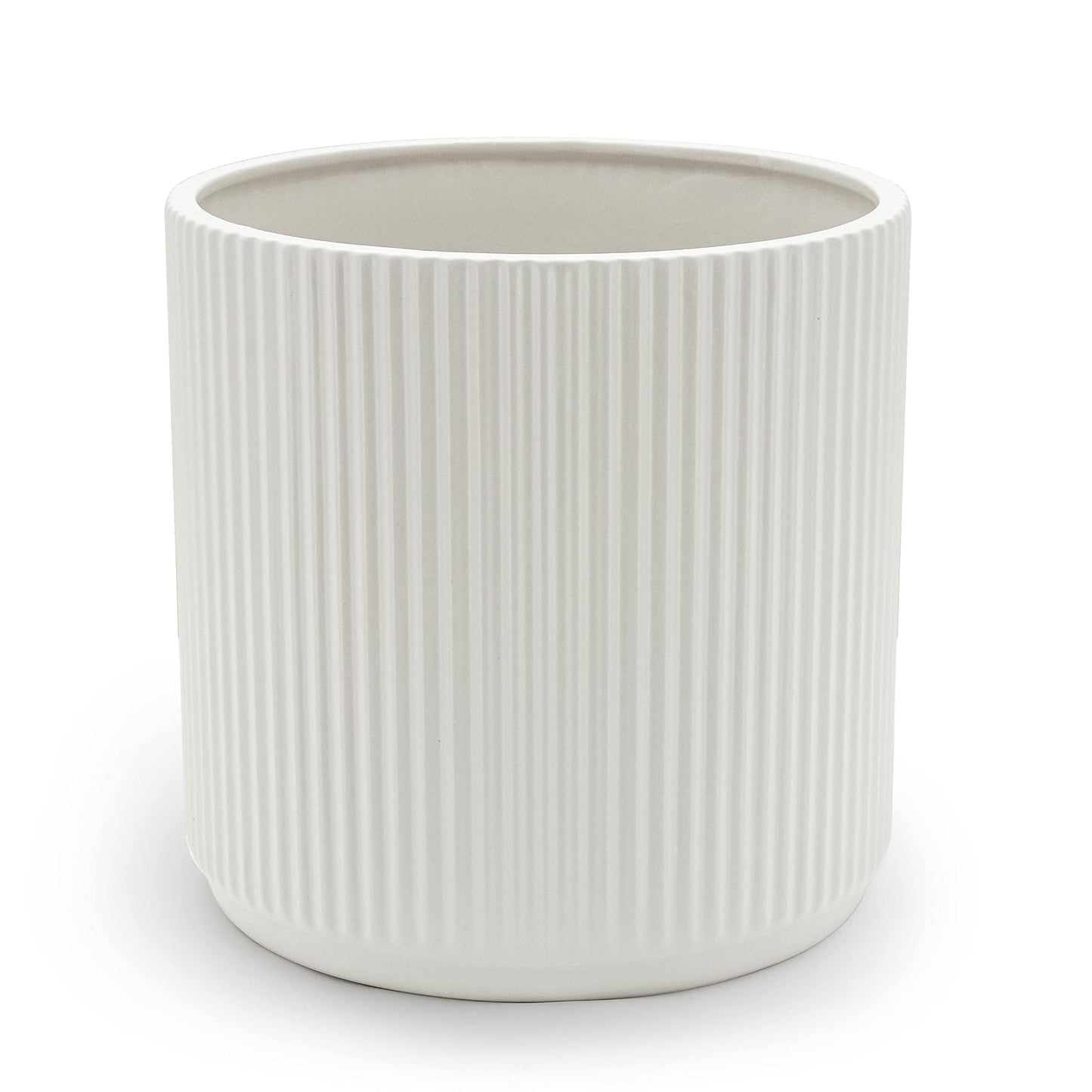 Amazon Basics Fluted Ceramic Round Planter with Drainage Hole, Indoor Outdoor Flower Pot, 10-inch, White