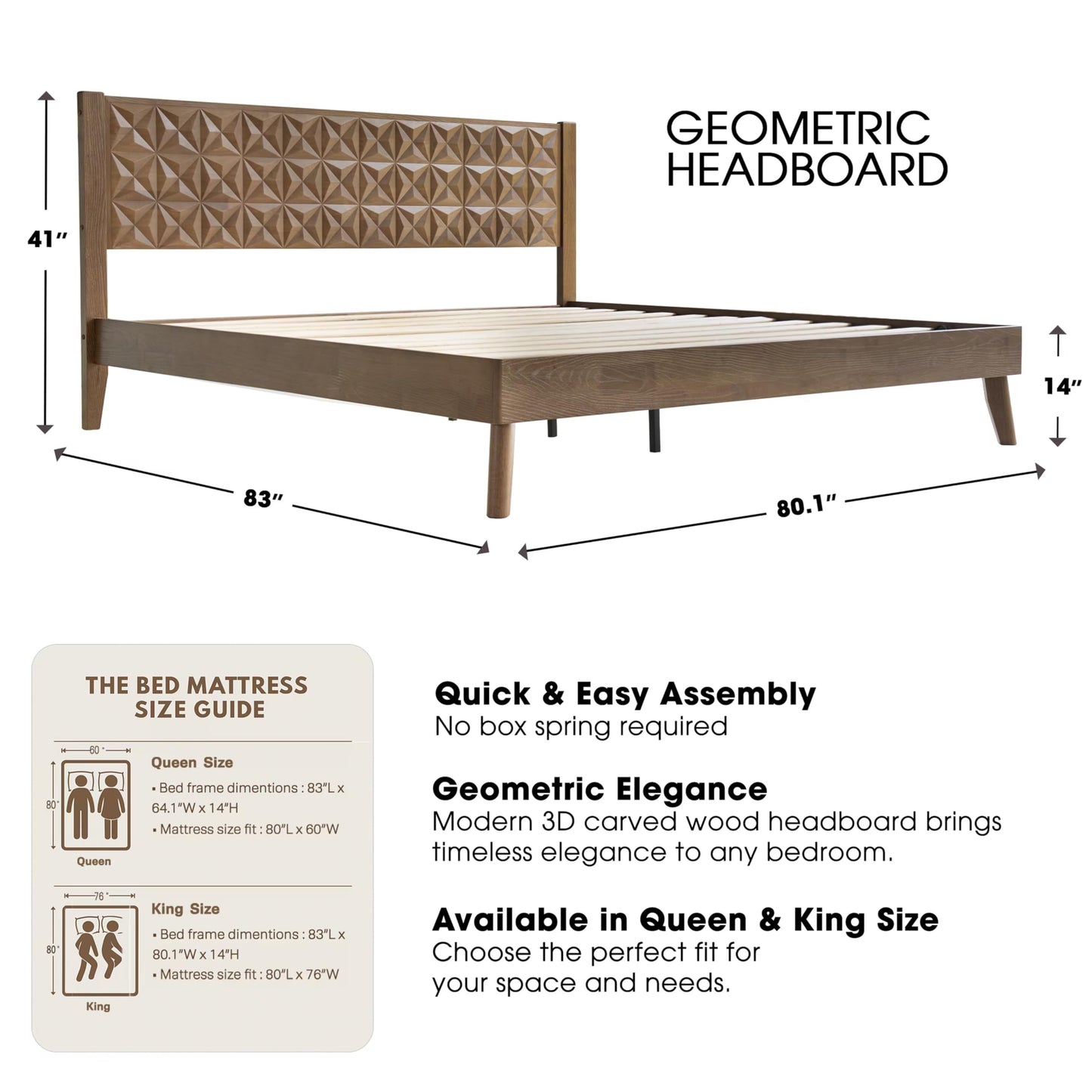 King Size Platform Bed Frame with Headboard & Footboard, 12 Stable Slats with Center Metal Legs, Easy Assembly, Noise-Free & Slip-Free Design, No Box Spring Needed, Barnwood Finish UPK-30