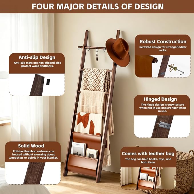 Wooden Blanket Ladder 6-Tier Farmhouse Rustic Blanket Holder with Synthetic Leather Bag, Decorative Stand with Removable Hooks Quilt Towel Rack for Home Living Room Bedroom Decor Brown