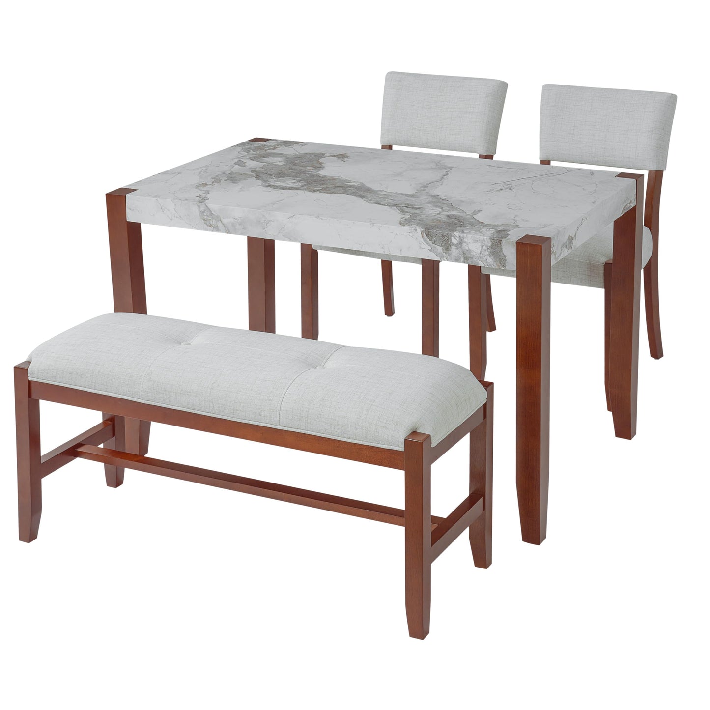 GDFStudio 4 Piece Faux Marble Dining Set with Bench, 46.6" Kitchen Table with 2 Upholstered Chairs, Rubber Wood Legs, Modern Space Saving Furniture for Dining Room, Beige