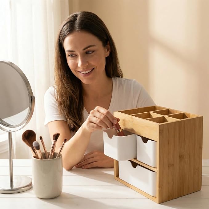 Bamboo Makeup Organizer with 3 Drawers, Dresser Cosmetic Organizer Box,Bamboo Desk Organizer for Home with Adjustable Dividers