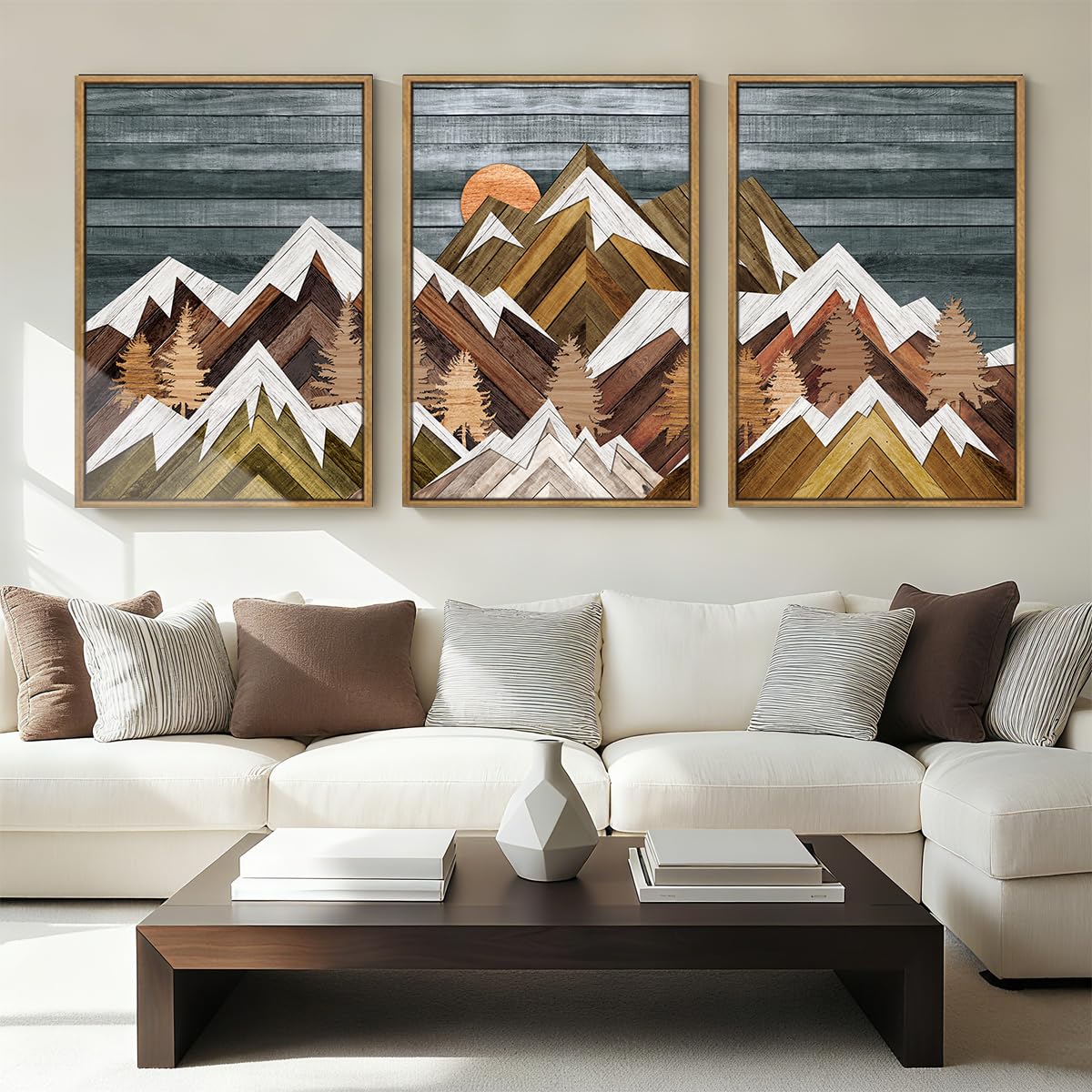BINCUE Extra Large Mountain Wall Art Farmhouse Mountain Wall Decor Large Landscape Artwork 24x36 Inches Set of 3 Framed Rustic Painting Boho Mountains Artwork for Living Room Bedroom Office