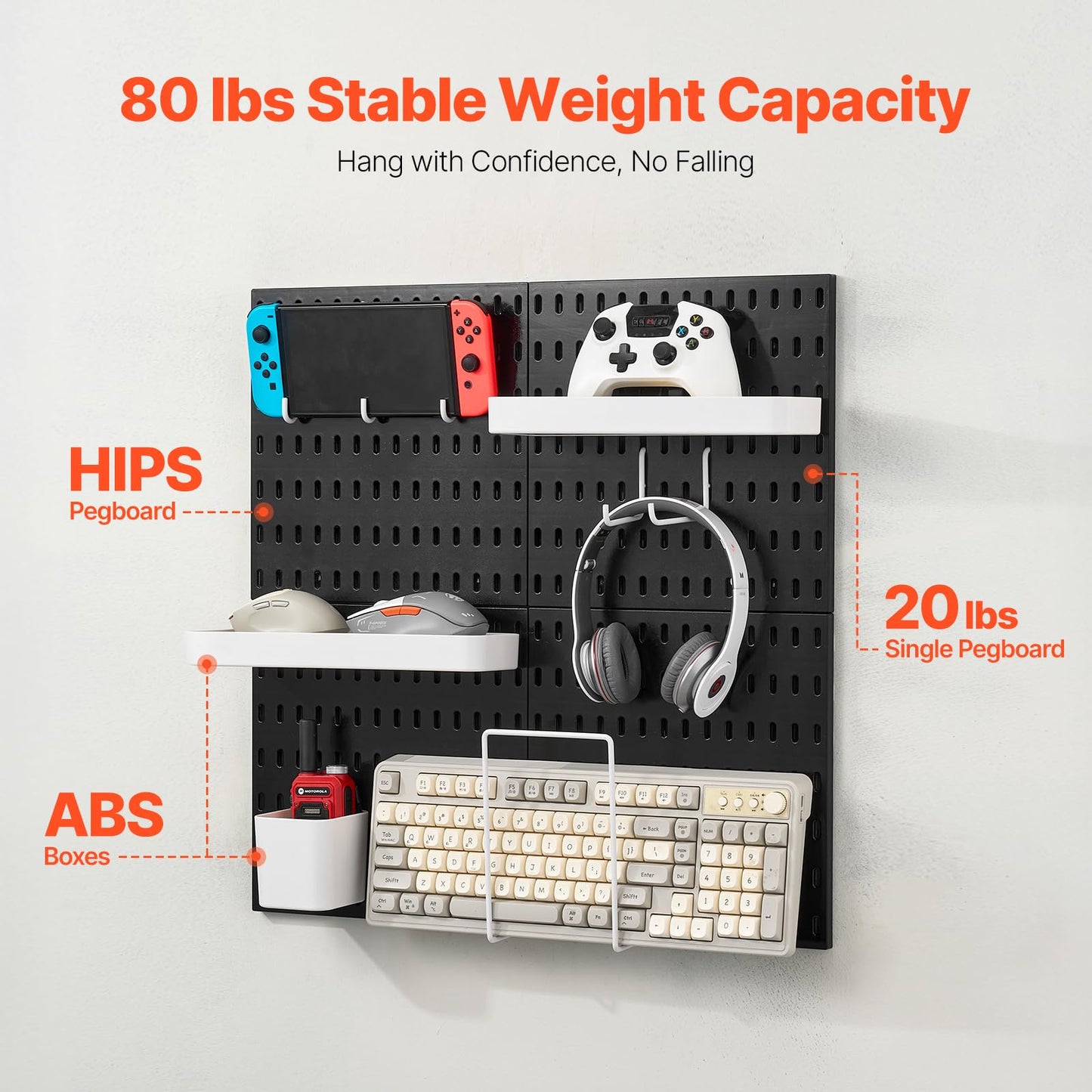 VEVOR Pegboard Combination Kit, 11" x 11" Plastic Pegboard, 4 Panels, Peg Board Wall Organizer Kit with Accessories, for Garage Tool Storage Kitchen Living Room Craft Room Office Bathroom Home, Black