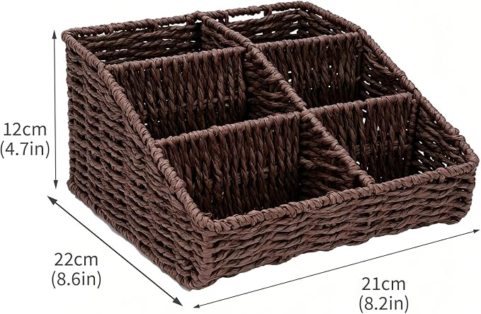 Makeup Organizer, Hand-woven Wicker Basket for Dresser Vanity and Bathroom Countertop, 6 Compartment Skincare Organizer Cosmetic Display Case, Beauty Holder for Lipstick Brush Eyeshadow - Brown
