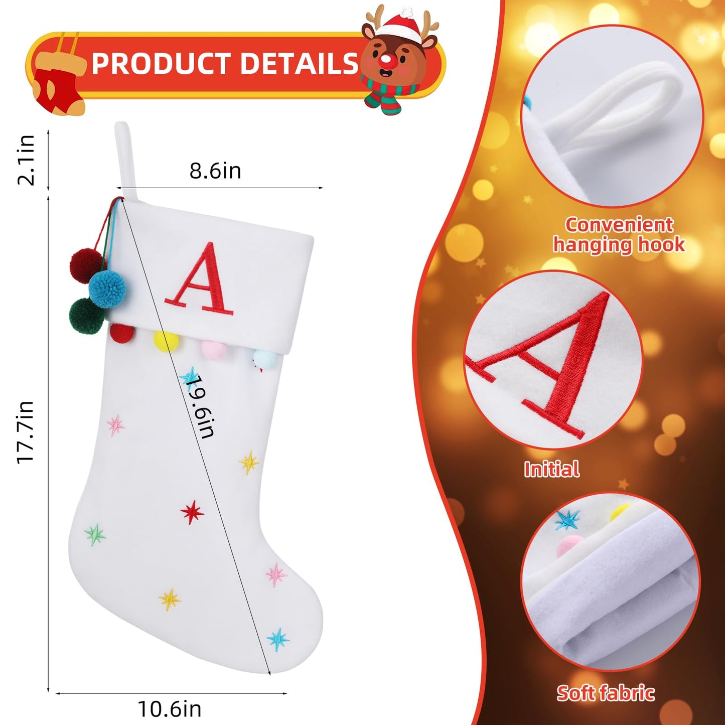 SIRIPHUM 19.5 Inches Initial Monogram White Christmas Stocking Personalized, Embroidered Letter Fleece Christmas Stocking with pom poms Decoration for Family Christmas Holiday Party Decor-E