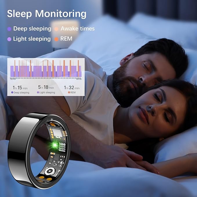 Smart Health Ring for Women Men, Fitness Tracker Ring with Heart Rate, Blood Oxygen, Sleep Tracker, Step Tracker, No Subscription Fee, IP68 Waterproof Smart Ring for iPhone & Android (Black, 13#)