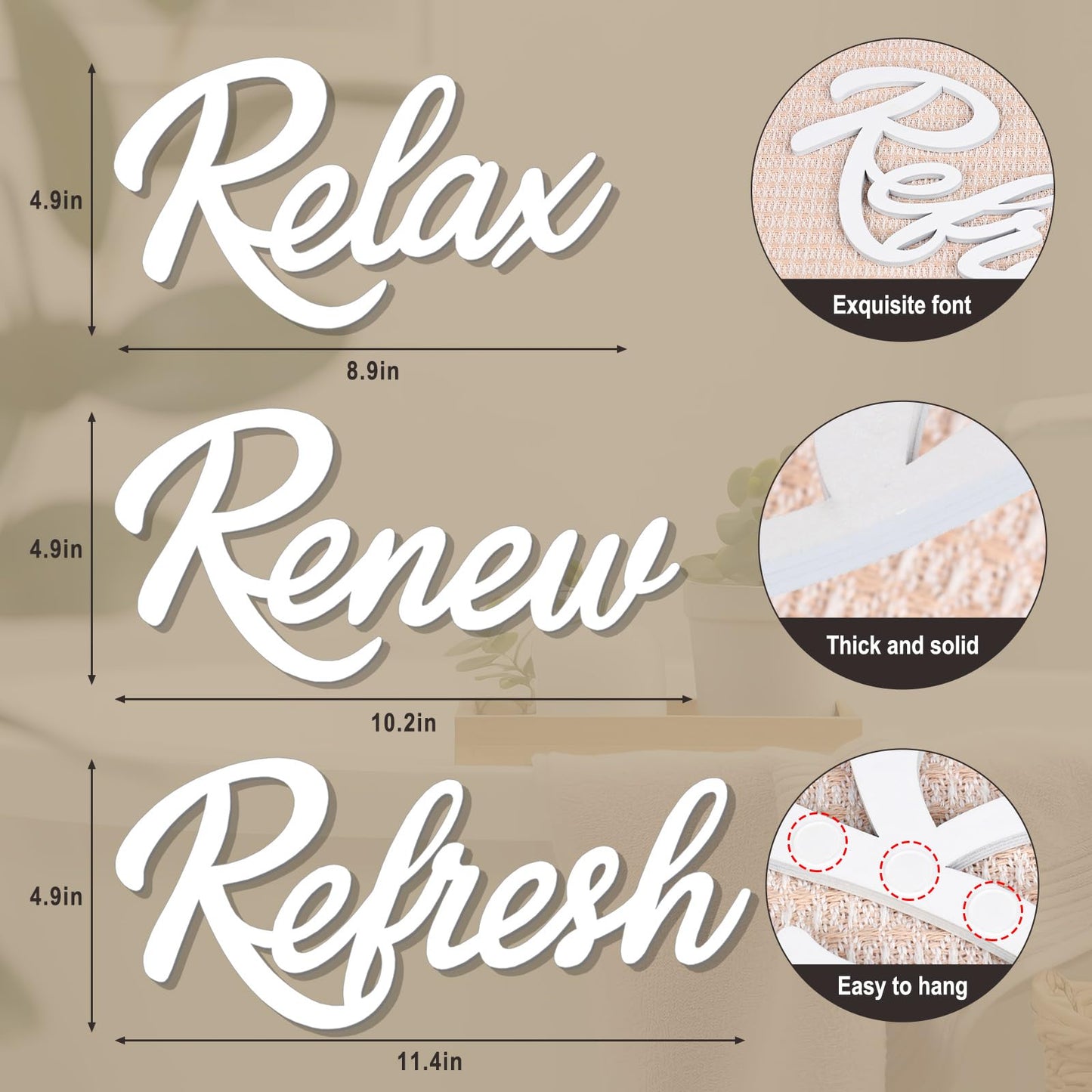 KOYILTD 3 Pieces Bathroom Decor Wooden Bathroom Sign,Relax Renew Refresh Sign (White)