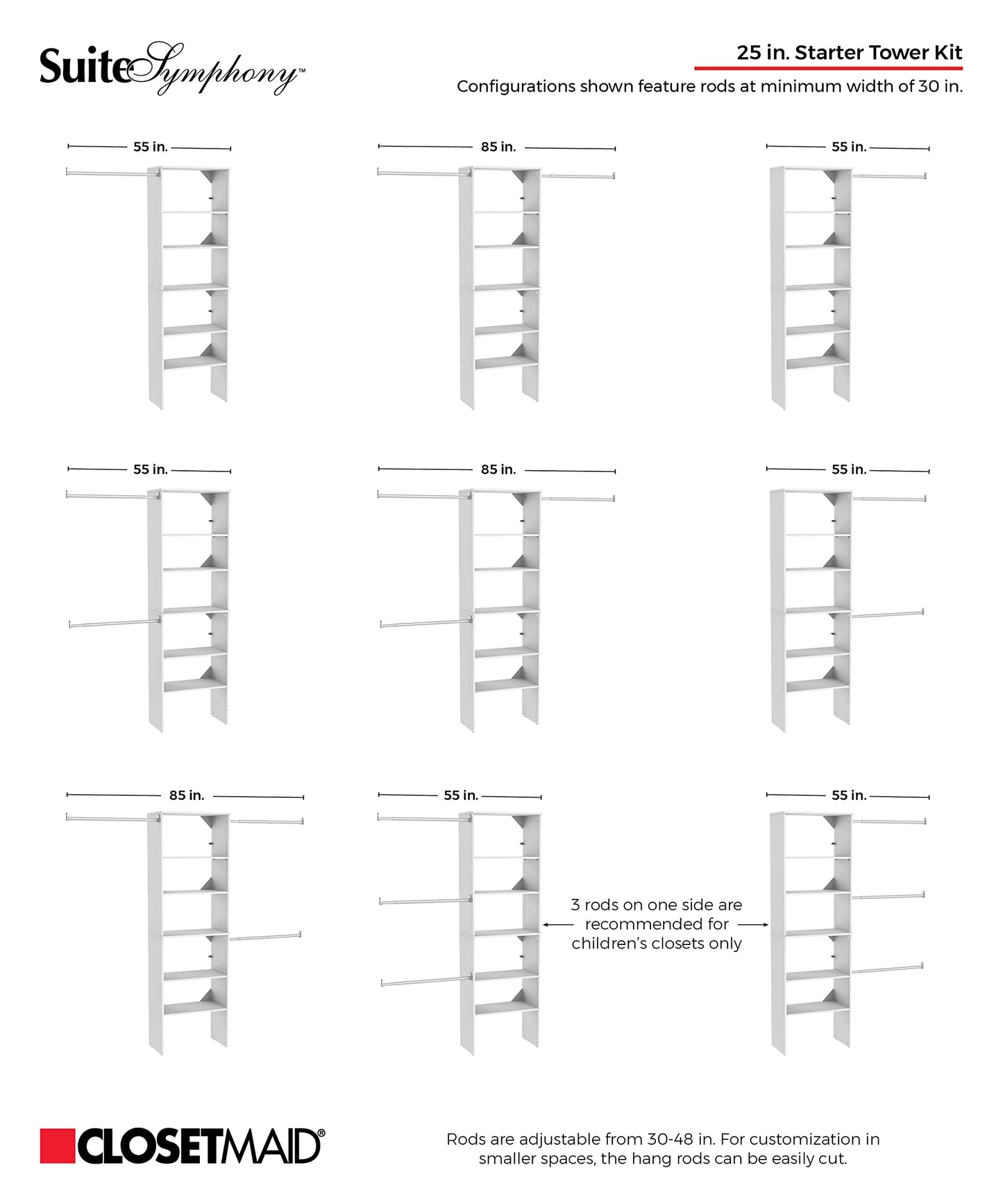 ClosetMaid SuiteSymphony Wood Closet Organizer System, 25-Inch Starter Kit with Tower and 3 Hang Rods and Shelving, Adjustable Shelves, Customizable Insert, Reach-in or Walk-in Closets, Pure White