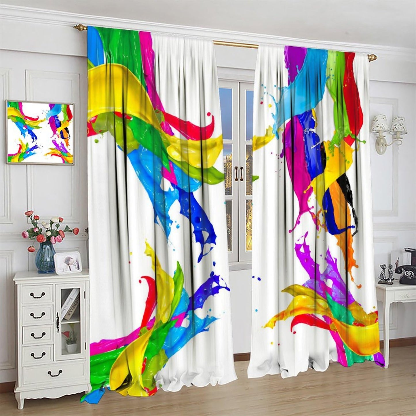 Yoakiet Colorful Paint Curtains, Rainbow Color Creative Abstract Splatter Paint Painting Art White Background Print Rod Pocket Window Treatments Drapes for Bedroom Kitchen Living Room 42" W X 45" L