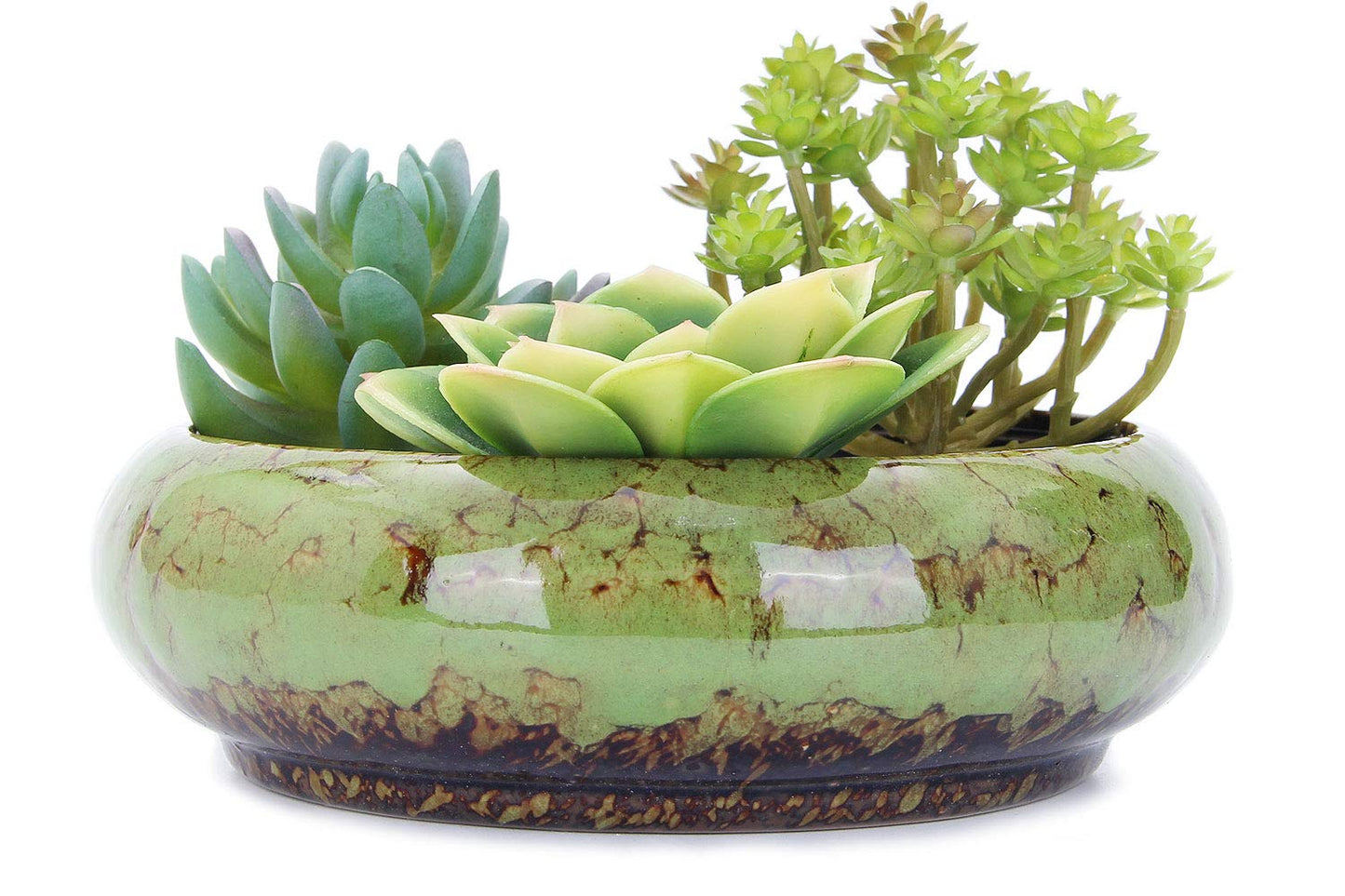 VanEnjoy 7.3 inch Round Large Shallow Succulent Ceramic Glazed Planter Pots with Drainage Hole, Bonsai Pots Garden Decorative Cactus Stand Flower Container (Green)
