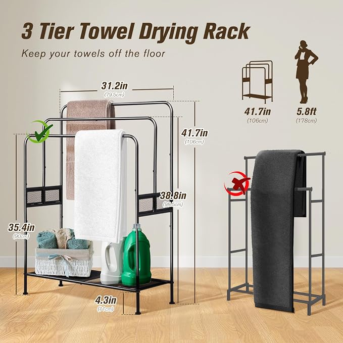 44" Extra Large Free Standing Towel Rack - 3 Tier Outdoor Pool Towel Holder, Versatile Blanket and Quilt Rack Stand for Living Room, Bathroom, Bedroom, Beach, Hot Tub, Gym and Pool Area Outside