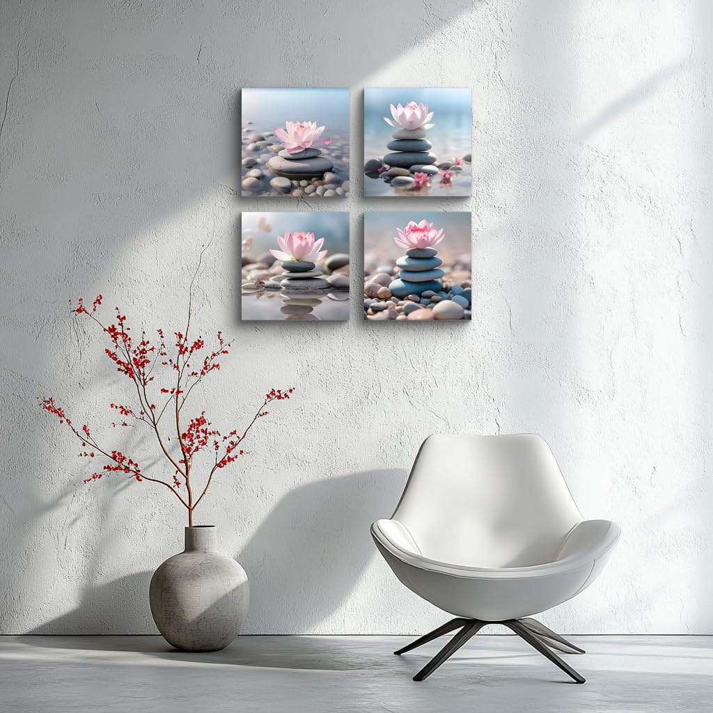 NAN Wind 4PCS Mordern Zen High-Definition Canvas Print Pink Lotus Stacked Zen Stones Spa Wall Art Easy-to-Hang Wall Art for Serene Home Deco Meditation Rooms Yoga Studios and Zen Enthusiasts