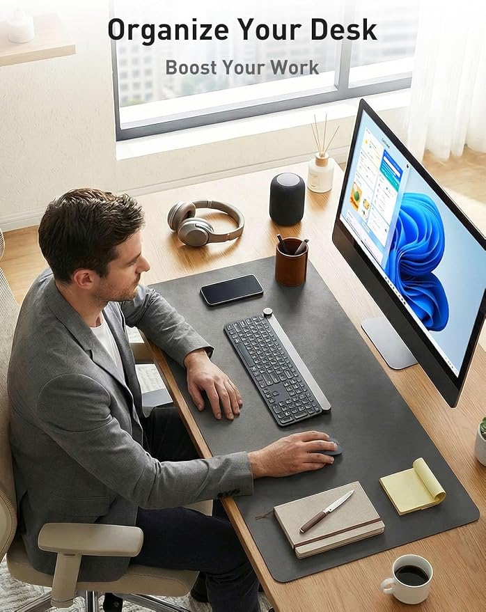 Aothia Faux Leather Desk Mat - Non-Slip PU Leather Desk Blotter, Waterproof Writing Surface, Large Desk Pad for Office & Home (Grey, 55" x 24")