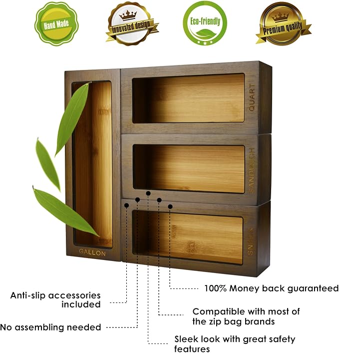 Bamboo Food Bag Organizer for Kitchen Drawer, Baggie organizer, Compatible with Gallon, Quart, Sandwich and Snack Variety Size Bags (4 Piece Set) (Vintage Brown)