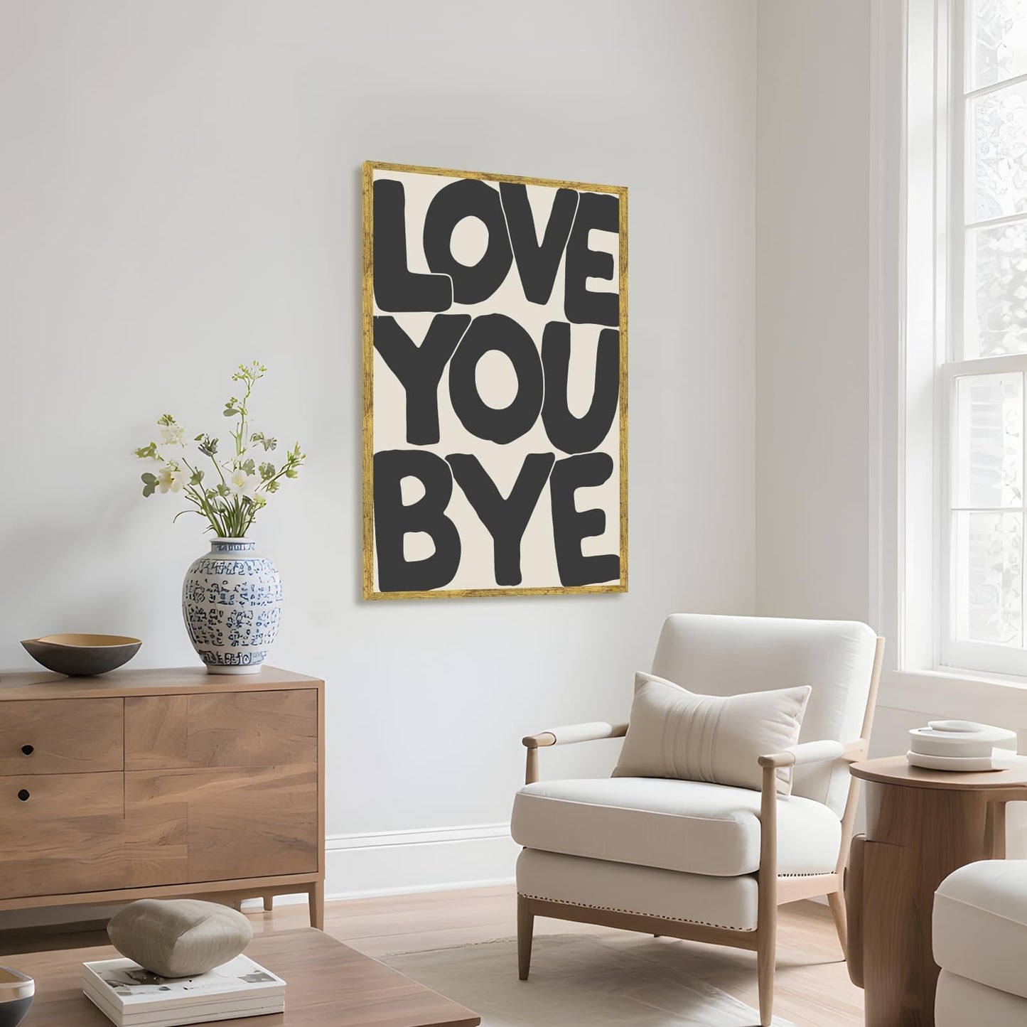 Balsuka Trendy Love You Bye Wall Art Hallway Black Typography Poster Canvas Print Aesthetic Modern Quote Painting Minimalist Romantic Wall Decor for Entryway Bedroom Living Room 8x12inch Golden Frame