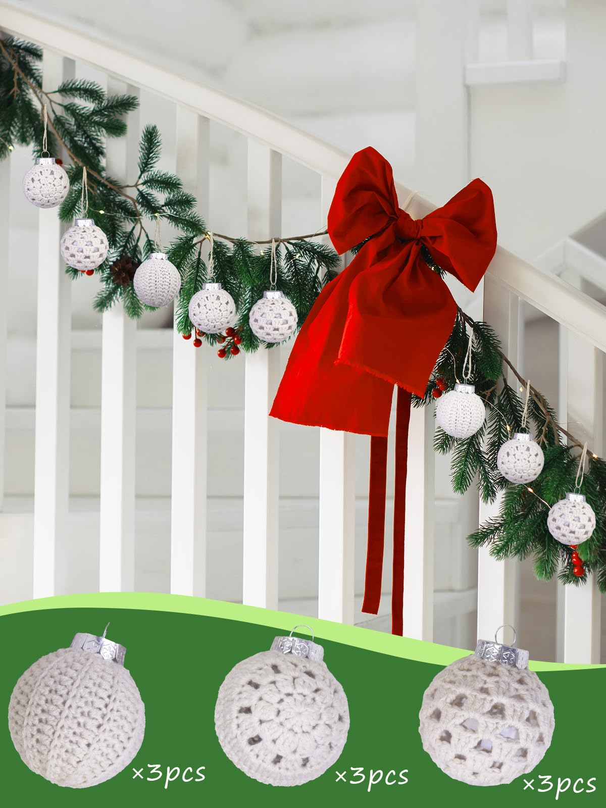 9Pcs 2.36 Inch Boho Crochet Christmas Ornaments, Neutral Decoration Handmade Crochet Ornaments, All Beige Christmas Balls with 3 Unique Patterns for Tree, Fireplace Mantel & Festive Decor