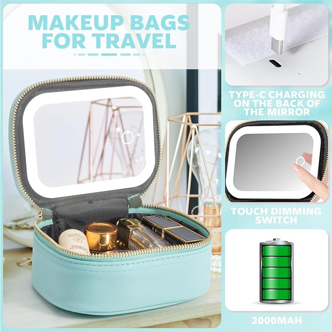 Mini Makeup Bag with Led Mirror, Small Travel Make up Bag 3 Light Modes Adjustable Brightness, for Women Organizer Cosmetic Bag, Portable Travel Train Toiletry Bag, for Pool Parties Work Touch-Ups