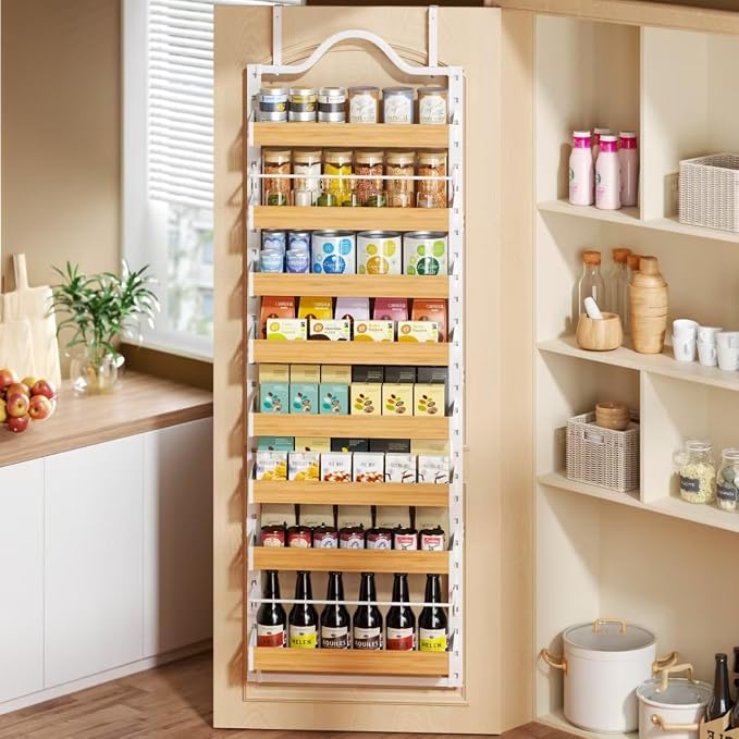 8-Tier Pantry Door Organizer, Over the Door Pantry Organizer with Wooden Adjustable Baskets, 2 IN 1 Spice Rack Wall Mount or Door Organizer, Door Spice Rack for Pantry（72.6×17.1×5.1in,White)