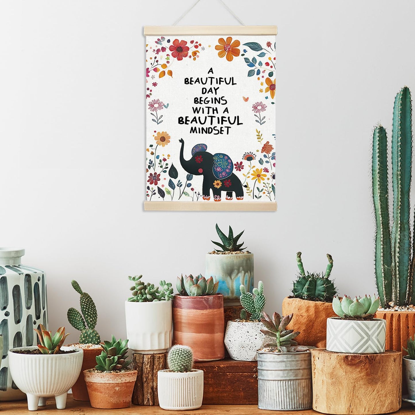 Xmsaitar Inspirational Elephant Floral Poster Hanger Frame Wall Decor, Nursery Mental Health Prints for Wall Decor Art, Rustic Flower Pictures Hanging for Girly Room Dorm Playroom 12x16in