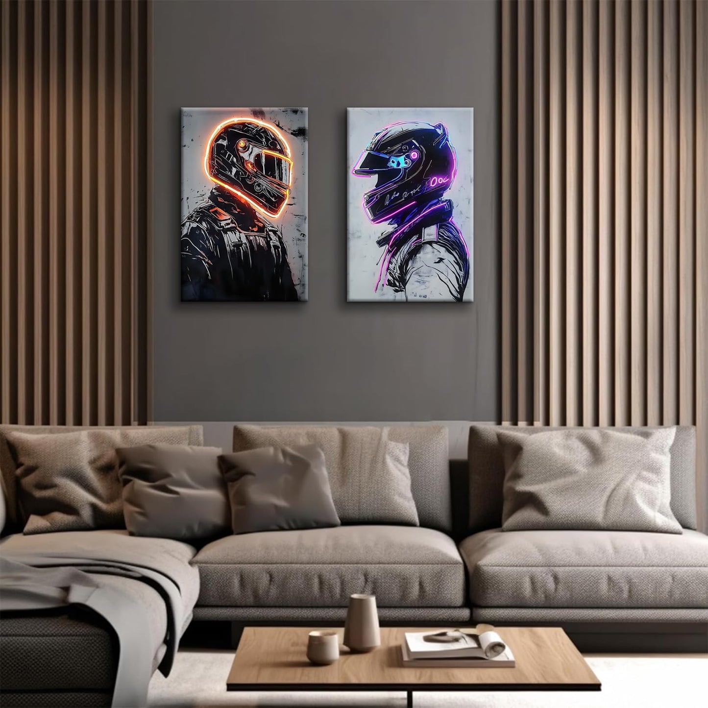 2 Pieces Neon Race Car Driver Canvas Wall Art Racing Helmet Wall Decor Boys Room Poster Prints Esports Room Paintings Pictures for Living Room Bedroom Ready to Hang (12x16in Canvas)